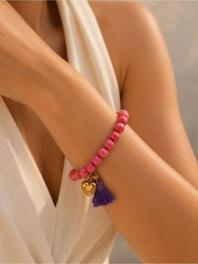 Juicy Couture Pink Beaded Bracelet with Purple Tassel and Gold Heart Charm